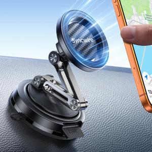 SYNCWIRE for MagSafe Car Mount, [3-Axis Adjustable] Vacuum Magnetic Phone Holder, Replaceable Suction Cup (Dashboard/Windshield), 360 Rotation, Foldable, for iPhone 17-12 Pro/Max/Plus, Carbon-Fiber