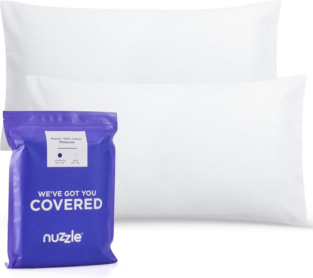 Nuzzle Standard Size Pillowcases, 100% Cotton with Envelope Closure (20 x 26 inches, White) - Soft, Breathable 300 Thread Count Pillow Protectors