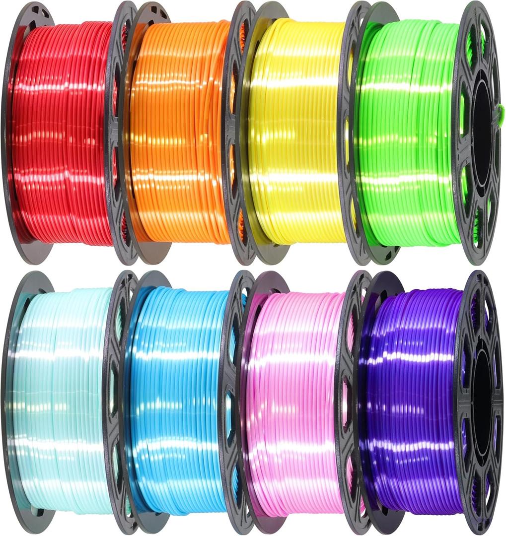 1.75mm Silk Shiny PLA 3D Printer Filament 8 Bright Colors Bundle: Silk Yellow/Lime Green/Orange/Sky Blue/Pink/Cyan/Red/Purple, Each Spool 250g, Total 2Kg 3D Printing Material, 250g x 8 Spools
