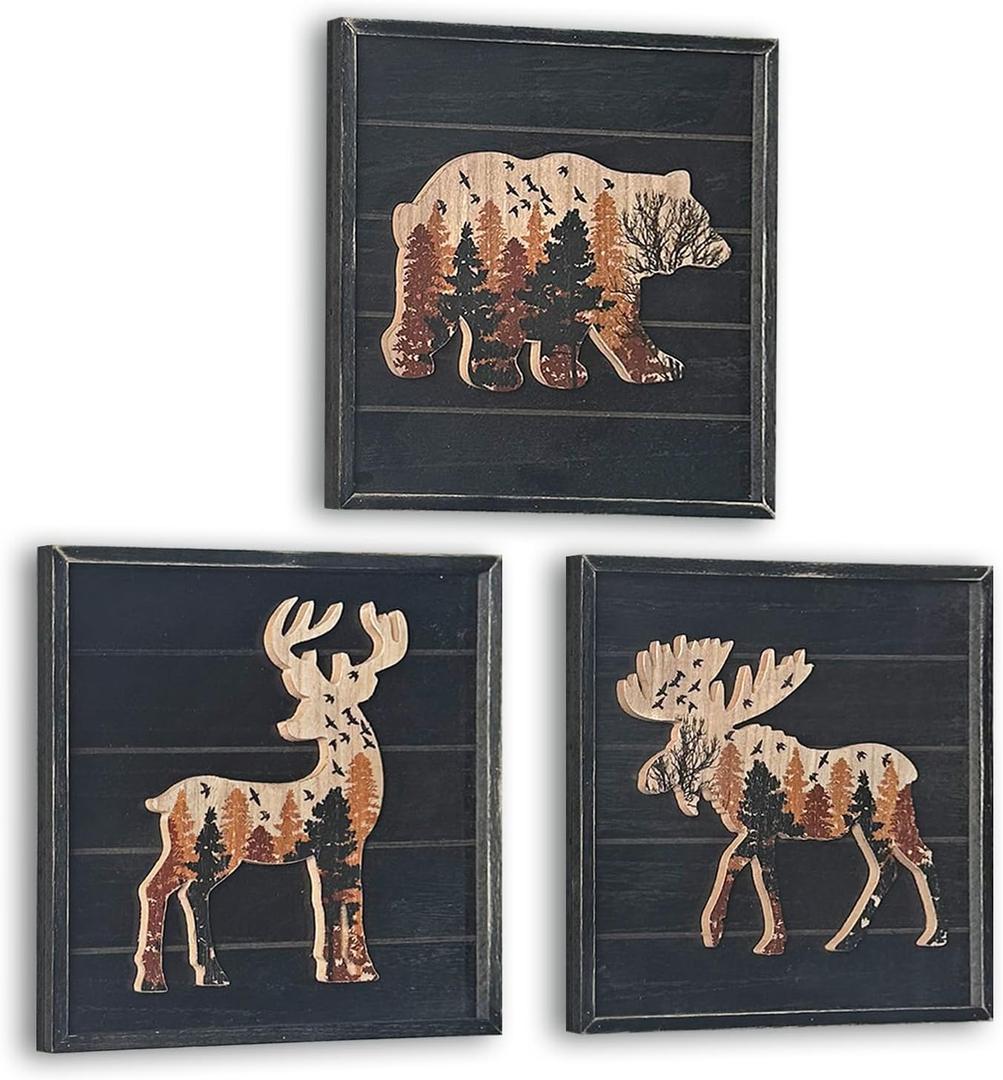Cabin Wall Decor, Deer Elk Bear Rustic Wooden Forest Mountain Woodland Wildlife Lodge, Hunting, Cabin Interior Wall Decor,10 x 10 Inches set of 3