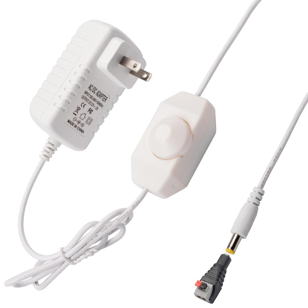 DC12V 2A Plug-in Dimmer Switch 110-240V AC to DC Converter Power Supply Adapter Wall Plug Dimming Switch ON/Off for Dimmable Lights RGB LED Strip Table Lamps (White)