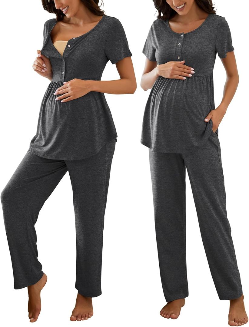 JiniGolla Women's Maternity Nursing Pajama Set Breastfeeding Loungewear Mama Clothes Short Sleeve Top & Pants Pregnancy PJS (X-Large, Deep Grey)
