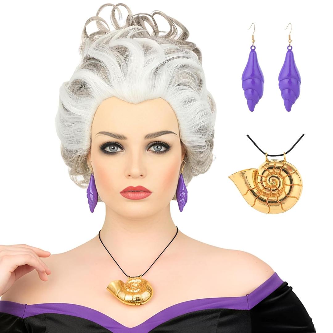 morvally Short Gray White Undersea Witch Costume Wigs with Shell Necklace and Earrings for Women Cosplay Halloween Party (White)