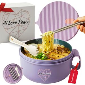 Microwaveable Ramen Noodle Bowl Cooker 40oz for Ramen, Pho, Soup, and Pasta, Dishwasher Safe and Portable, Ideal for Home, Office, Dorm, or Gift.Ai Love Peace (Purple)