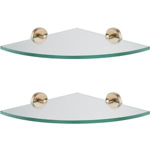 JQK Corner Glass Shelf, Champagne Bronze Bathroom 304 Stainless Steel Shower Triangle Floating Wall Shelf, 10 x 10 Tempered Glass, 2 Pack, TGS190L10-CB-P2