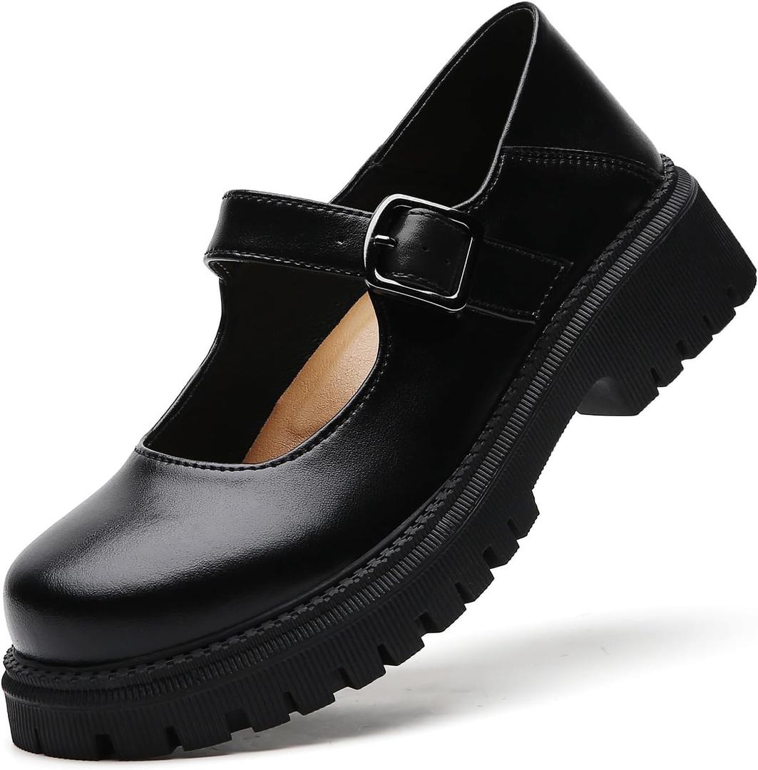 XMM Mary Jane Shoes Platform Chunky Mary Janes for Women Ladies Comfort Leather Round Toe Non-Slip Dressy Casual Cute Girls School Work Shoes (9, Black)