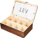 Rustic Torched Wooden Tea Bag Organizer Multiple Compartments Acrylic Clear Lid Dark Brown Burnt Wood Teabag Storage Divider Chest Holder TEA Lettering Vintage Style Latch Desktop Countertop