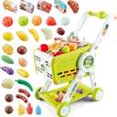 Supermarket Shopping Cart for Kids, 31PCS Shopping Trolley Cart Toy with Play Food Shop Accessories, Pretend Play Shopping Basket Grocery Store Games for Toddlers Boys Girls Ages 3+ (Green)