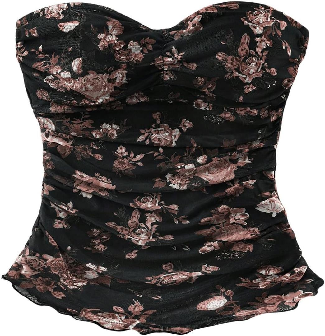WDIRARA Women's Floral Mesh Strapless Ruched Tube Top Sleeveless Bandeau Crop Tops (Medium, Black)