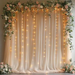 EaziCozi Champagne Tulle Backdrop Curtain with Lights String - 10x10ft Sheer Backdrop with 300 LEDs for Wedding, Baby Shower, Bridal Shower, Birthday Party Photo Shoot Background and Home Decorations
