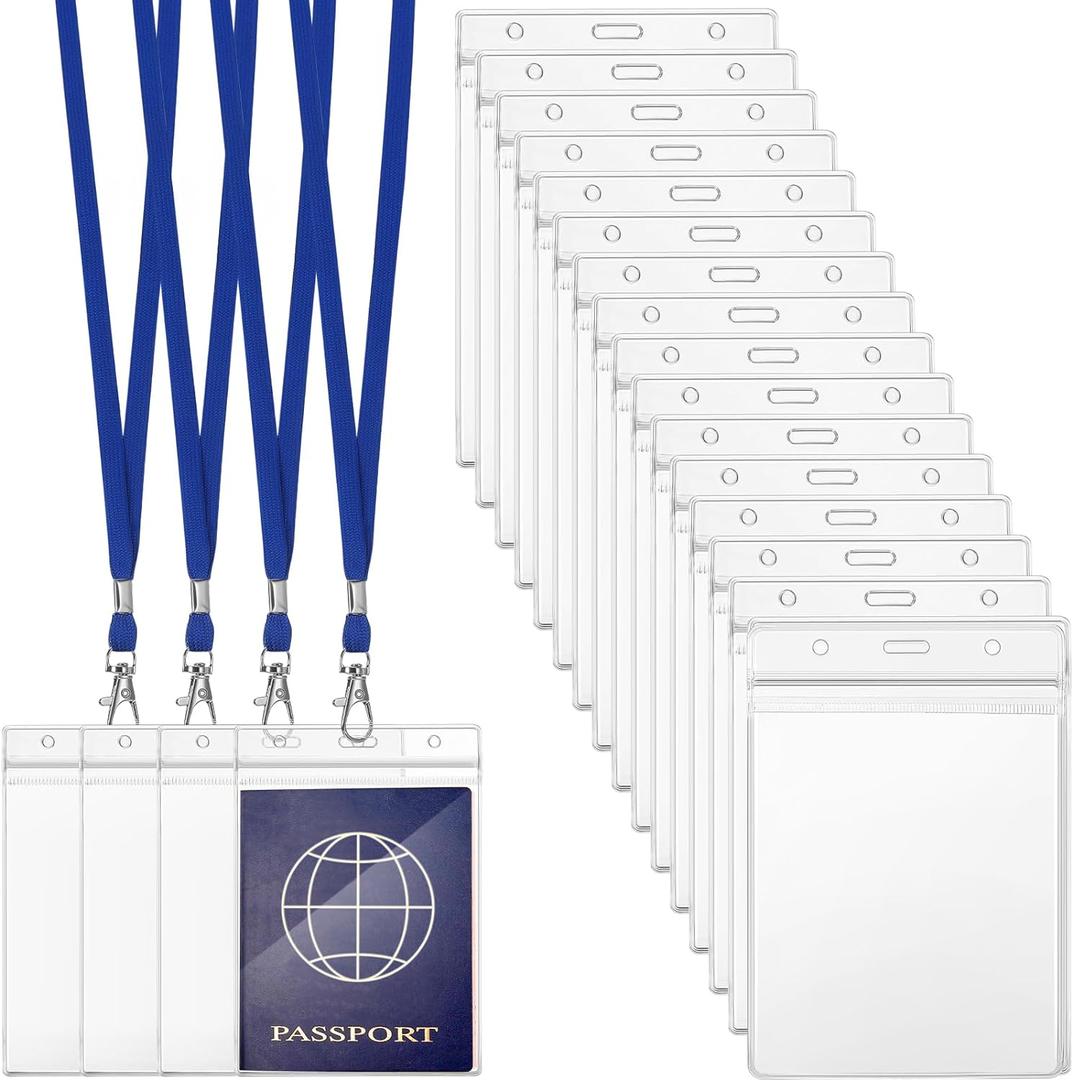 Patelai 50 Pcs 4 x 5.5 Inch Clear Passport Holders with Lanyard Extra Large PVC Card Holder Waterproof Name Badge Holder for Cruise Vacation Credit Card Plane Ticket Receipt (Blue)