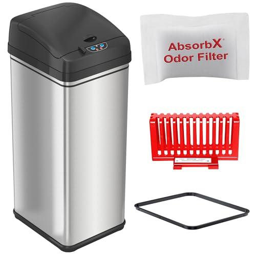 iTouchless 13 Gallon Sensor Trash Can 2.0 – Stainless Steel Automatic Garbage Bin with Soft-Close Lid, AbsorbX Odor Filter, Battery or AC Power – Touchless Kitchen, Home, Office, or Bathroom Use