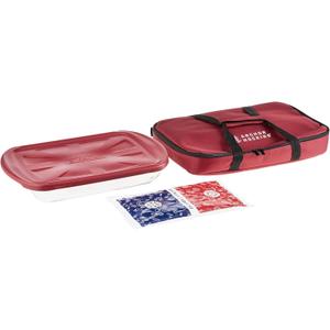 Anchor Hocking Glass Baking Dishes for Oven with Casserole Carrier, 4 Piece Set (3 Quart Glass Baking Dish, Red Lid, Red Thermal Carrier, and Hot/Cold Pack) (Small)