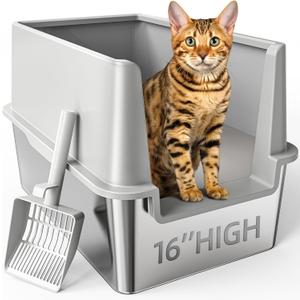16" High Sides Stainless Steel Litter Box with Lid, XL XXL Extra Large Enclosed Metal Litter Box for Big Cats & Kitty, Never Absorbs Odors, Non-Sticky, Anti-Urine Leakage, Easy Cleaning