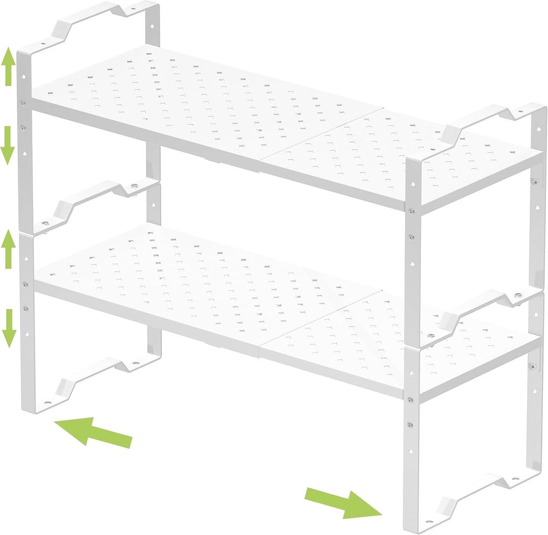 Jojocross Expandable Shelf for Cabinet Organizer Adjustable Stackable Spice Rack at Kitchen and Bathroom More, Counter Countertop Cupboard Organization Pantry Storage, (2 Packs/White, Large) (LARGE:10.1"D x 16.5"~27.1W x 10.6"H)