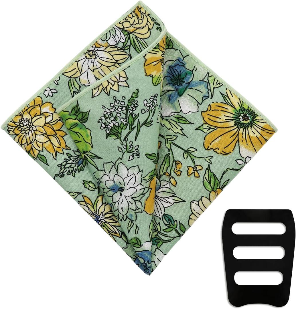 Luckyvestir Floral Pocket Squares for Men Suit Cotton Handkerchief with Pocket Square Holder for Jacket Wedding Party Groom
