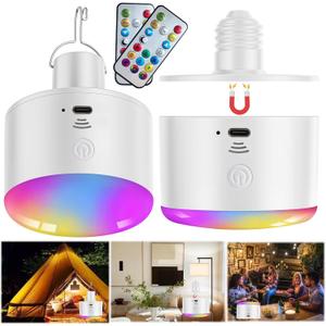 Battery Operated Light Bulb with Remote RGB Rechargeable Light Bulb USB Charging,50H Long Life Emergency Light Bulbs for Power Outage,Battery Powered Light Bulb for Home,Outdoor Activities (2 Pack)