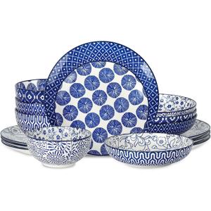 Selamica Ceramic 16-Pieces Dinnerware Set, Ceramic Dishes Set for 4, Kitchen Plates and Bowls Sets, Dinner Plates Set for Salad Dessert, Cereal Bowls, Soup Plate Pasta Bowl(Vintage Blue) B