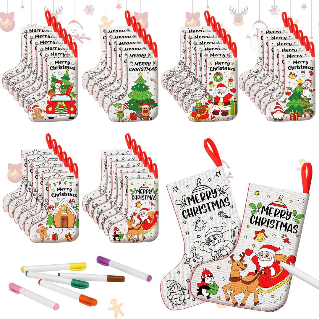 Zhanmai 24 Pcs Color Your Own Christmas Stockings with 48 Pcs Pens, DIY Christmas Stocking Crafts Kit Xmas Stockings Gift for Kids Adults Family Holiday Party Decoration (Merry Christmas)