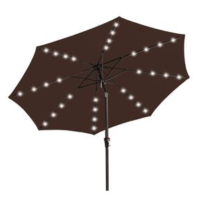 JEAREY 9FT Outdoor Patio Umbrella with Solar Lights, LED Lighted Pool Umbrella with Tilt and Crank, Outdoor Table Umbrellas for Deck, Yard & Market (Brown)