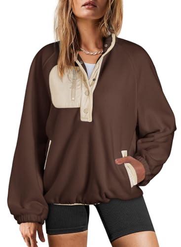 Dokotoo Winter Clothing for Women Chocolate Brown Fall Clothes Color Block Sweatshirt Button V Neck Long Sleeve Thanksgiving Outfit Fuzzy Fleece Oversized Sherpa Cute Sweatshirts Tops Coats Medium. Size M