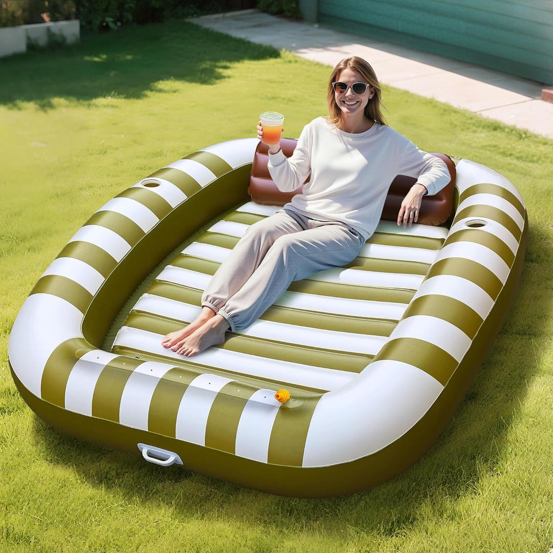 Pool Wave Inflatable Pool Lounger Floats, 80" x 66" Large Tanning Bed for Adult Kids, Outdoor Sun Bathing Floating Blow up Raft W/Pillow, Spray Water Mat, Summer Beach Lake Family Party Gift - Green