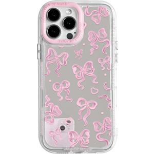 NITITOP Compatible with iPhone 13 Pro Case Cute Mirror Bow Love Heart Pattern for Women Girls Ribbon Design Shockproof Silver Protective Phone Cover - Pink Bow