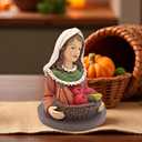 Thanksgiving Girl w Basket on Base  4.13" Resin Fall Harvest Bust Figurine  Autumn Tabletop Decoration for Home, Shelf, or Tiered Tray Display