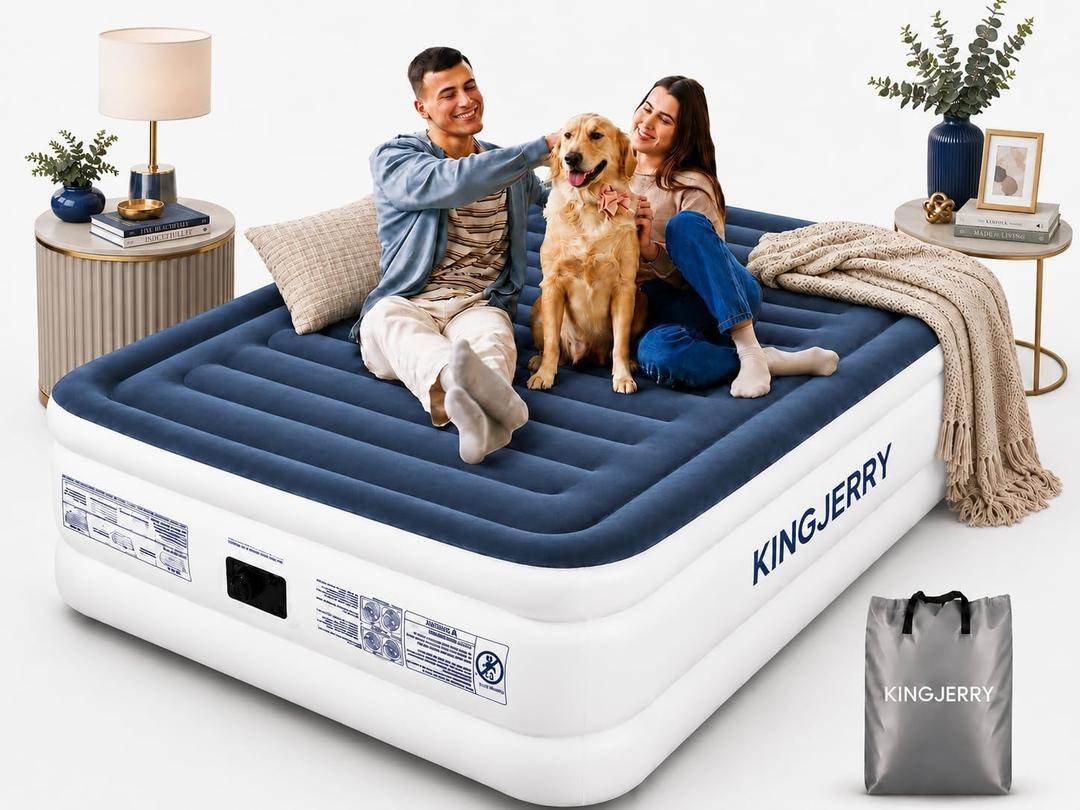 KINGJERRY Air Mattress Queen with Built in Pump, Soft Dual-Layer Design | 800 lbs Stable Support, Upgraded Flocked Surface Design, 3-Minute One-Touch Inflation, Portable for Home Guests and Camping