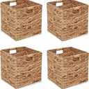 11x11in Storage Baskets Set of 4 Water Hyacinth Baskets,Foldable Handwoven Storage Cubes,Woven Baskets for Bathroom, Bedroom, Laundry, Pantry, Shelves