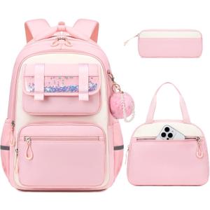 Backpack for Girls,3Pcs Elementary Kids School Bag,Middle Students Teen Girls Backpack,Kawaii Book bag ages 6-12 Pink White