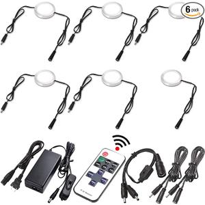 Under Cabinet LED Puck Lights, Display Cases Lighting, Daisy Chained Linkable, 120V Direct Hard Wired & Plug-in Adapter, Dual Split, RF Remote Dimmable, Black Cord, Daylight, 6 Lights