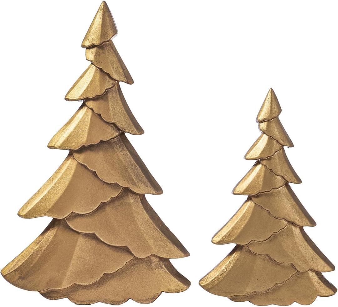 RM ROOMERS Christmas Tree Figurines Wooden, Set of 2 Gold Christmas Tree Vintage Tabletop Xmas Statues, Antique Decorative Xmas Trees for Desk, Mantel, Entryway, Rustic Holiday Centerpieces