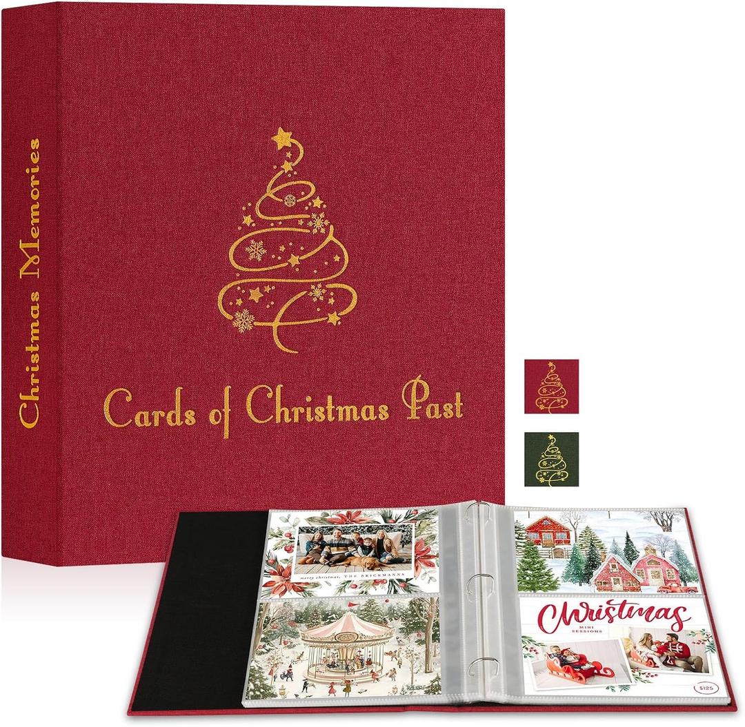SUNAUTO Christmas Gift Card Booklet 5x7, Linen Cover Christmas Greeting Card Binder Organizer with 50 Plastic Sleeves, Holds 100 Cards for Holiday Xmas Memory Keepsake Storage Book Album (Red)