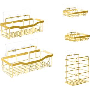 Fab Glass and Mirror 5-Pack Shower Caddy, Gold - Shower Organizer & Shelves for Efficient Storage, Bathroom Caddy for Wall Organizer, Durable Showers Wall Caddy