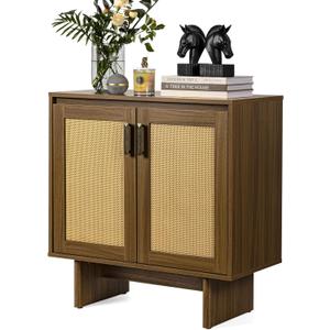Mid-Century Accent Storage Cabinet with 2 Rattan Doors, 30'' Buffet Table Console for Kitchen, Entryway, Living Room, Smoked Yellow Oak