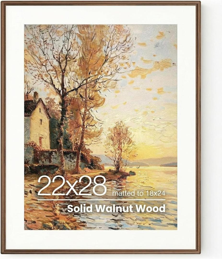 Picture Frames,22 x 28 Picture Frame,Solid Walnut Wood Picture Frame,22x28 Photo Frame with High Tempered Glass,22 by 28 Wooden Frame Matted to 18x24 Photo for Wall & Tabletop Display,1 Pack