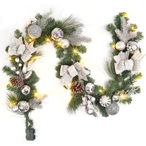 Adeeing 6FT Christmas Garland with Lights, Xmas Battery Operated Artificial Rattan with Classic Silver Decorations, Xmas Garland for Home Indoor Fireplace Mantle Outdoor Decor, Silver