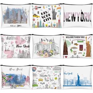 9 Pcs New York Cosmetic Bag New York Souvenir Zipper Pouch Los Angeles Souvenir Gifts Italy Paris Broadway Alaska Makeup Purse for Girls Women Traveler Birthday Party Favors
