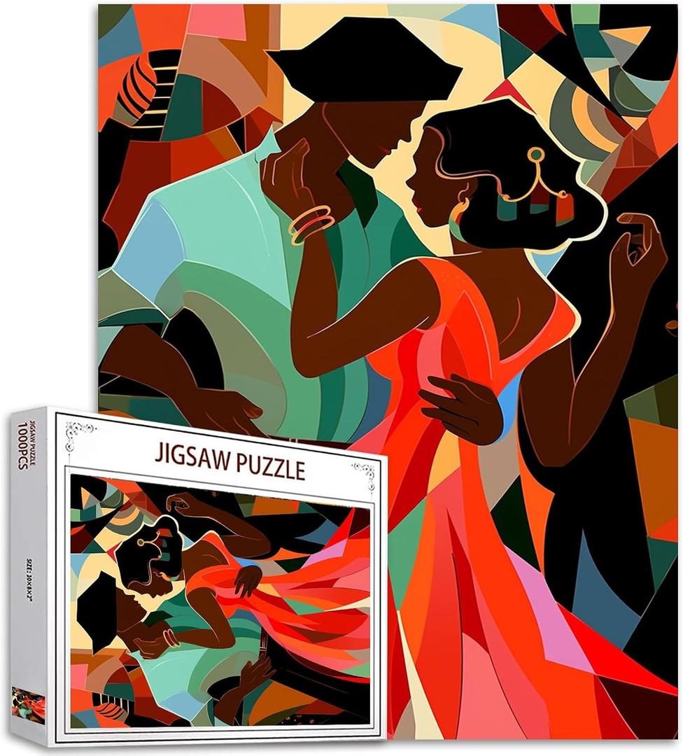 1000 Piece Jigsaw Puzzles for Adults Romantic Couple Painting Jigsaw Puzzle Africa Black Girl and Boy 1000 Pieces Puzzles Game Boho Graffitic Dancers Wall Decor DIY Craft Puzzle Art(Colorful)