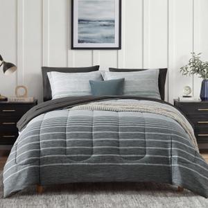 Monbix Queen Comforter Set - 7 Pieces Bed in a Bag Queen, Grey-Stripe Bedding Sets, All Seasons Comforter Bed Set with Sheets, Pillowcases & Shams