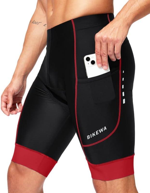 Bikewa Padded Bike Shorts for Men 4D Cycling Road Riding Biking Padding Bicycle Shorts with Phone Pockets (XX-Large, Black/Red)