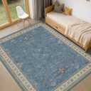 Washable 5x7 Blue Rugs for Kids Room, Boho 5 x 7 Nursery Rug Boys, Colorful Eclectic Low-Pile Carpet for Bedroom, Dining Table, Non-Slip with Rubber Back