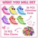 Valentines Day Cards for Kids School Classroom - 36 Valentine Cards with 72 Unique Shoe Charms, 6 Cute Designs - Valentine Exchange Gift for Boys Girls, Funny Valentines Cards for Kids Party Favors