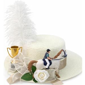 Newcotte Derby Hats for Women Vintage Feather Horse Rose Derby Hats Fascinator Bridal Wedding Tea Party Hat (White)