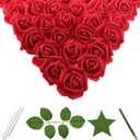 100 Pcs 3 Inch Artificial Flowers Bulk 5 in 1 Set Faux Foam Fake Rose Head Wedding Decoration Bridal Shower Centerpiece Arrangement Wall Table Decor DIY Craft (Rose Cherry Red)