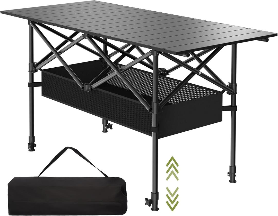 4FT Folding Camping Table,Portable Roll-up Picnic Table with Carry Bag & Mesh Storage,Lightweight Camp Table for Camping,Picnic,Backyard,Party,Patio,BBQ