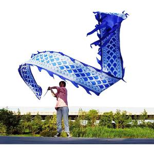 5 Meters (16.4 FT) Blue Scale Dragon Silk-Like Flowy Spinning & Shaking Poi, Outdoor Flinging Fitness Dragon Dance Wu Long 3D Dragon Ribbon Streamer with Adjustable Fiberglass Handstick + Travel Bag!