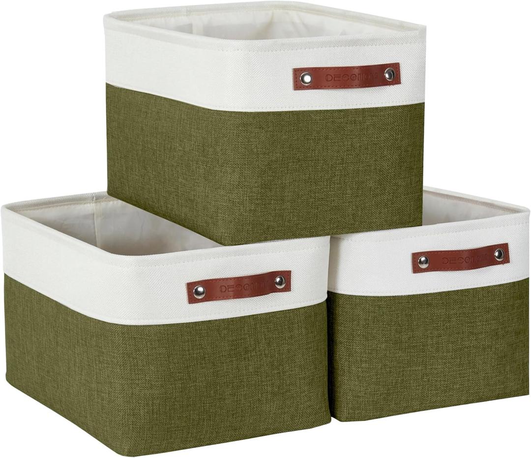 DECOMOMO Storage Bins, Large Fabric Storage Baskets for Shelves, Decorative Linen Closet Organizer, 15 x 11 x 9.5 inches (Olive Green & White, 3 Pack)