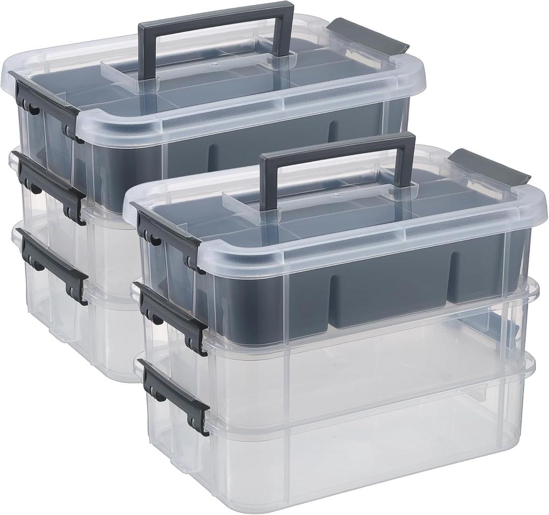 JUXYES 2 Pack 3-Tiers Stack Carry Storage Box With Divided Tray, Transparent Stackable Storage Bin With Handle Lid Latching Storage Container for School & Office Supplies, Dark Gray